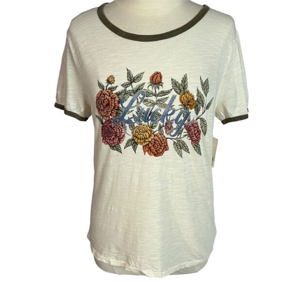 Lucky Brand Antique White Floral Lucky Cotton Ringer Tee Size M, NWOT - Picture 6 of 13